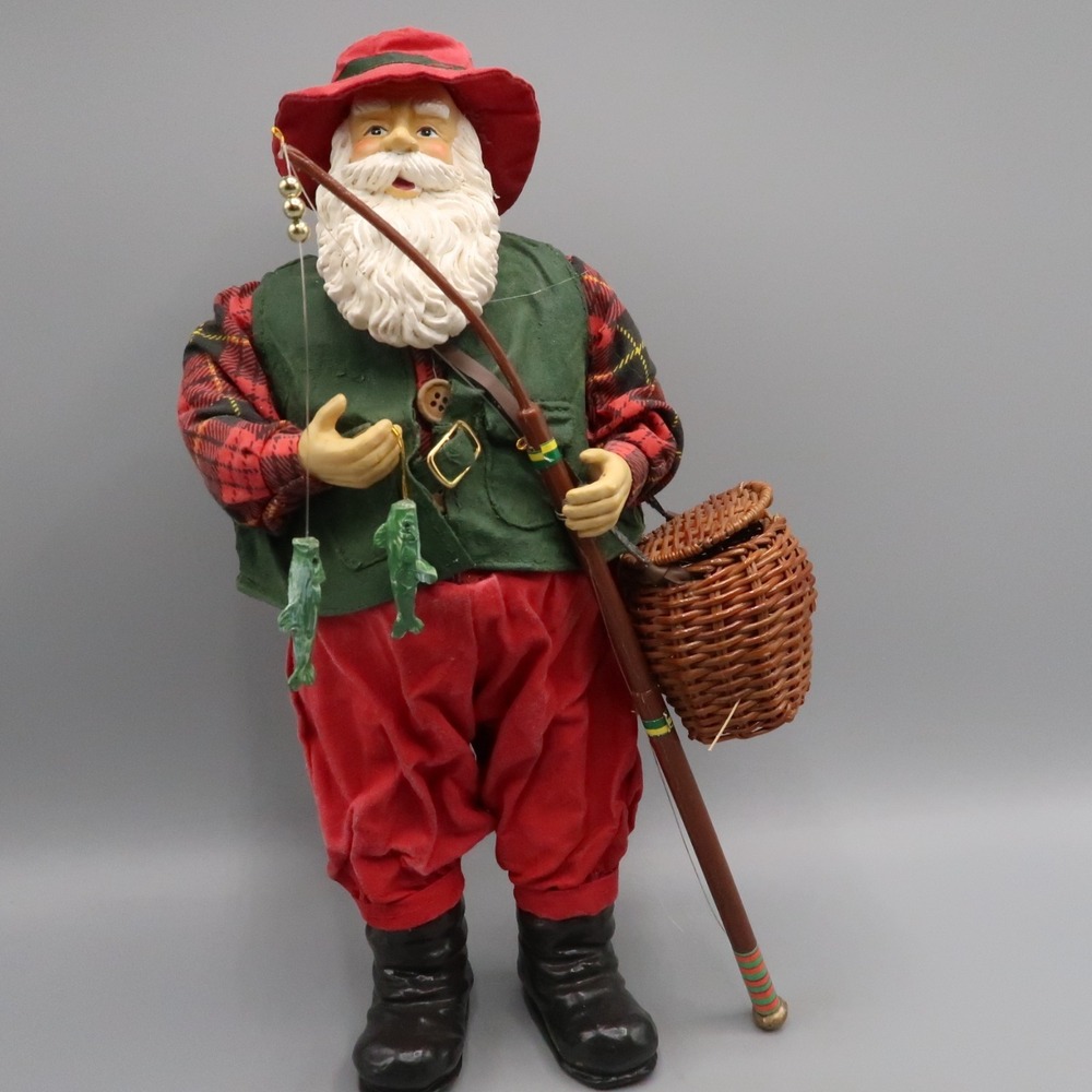 Fisherman Santa Claus w/Rod Fish & Creel Basket 11 inches tall Detailed